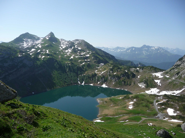 View to the Formarin Lake in the headwaters of the Lech River. The Formarin Lake has no surface outflow but water drains into the underground via swallow holes.