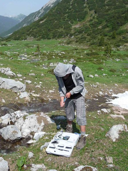 Measurement of the hydrochemical field parameters at a group of springs in the headwaters of the Lech River.